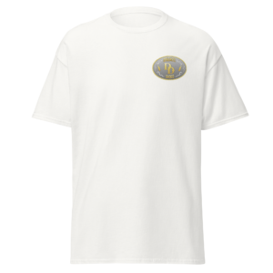 White t-shirt with a small circular logo on the chest.