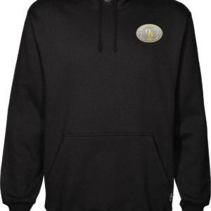 Black hoodie with front pocket and small circular patch.