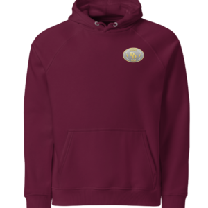 Maroon hoodie with a small round logo on the chest and a front kangaroo pocket.