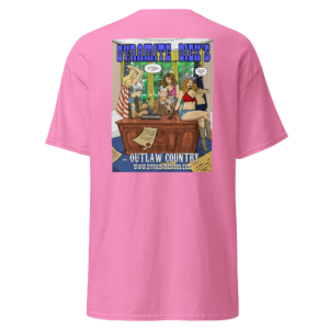 Pink shirt with colorful cartoon and text design on back.