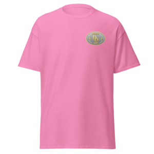 Pink t-shirt with a small gold and green emblem on the chest.