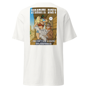 White T-shirt with vintage-style surfing graphic and text.