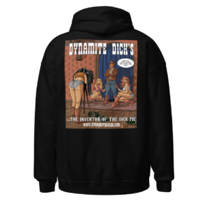Black hoodie with a colorful graphic of three characters and text.
