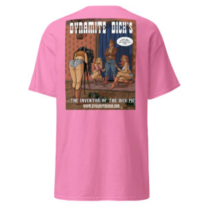 Pink T-shirt with a vintage-style graphic of women on the back.