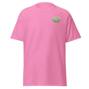 Pink short-sleeve T-shirt with a small graphic on the chest.
