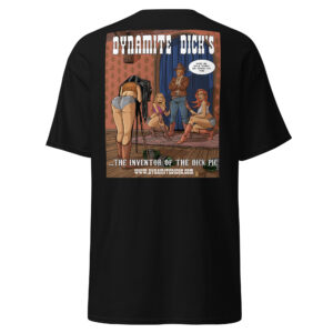 Black t-shirt with a retro graphic of two women in bikinis and text.