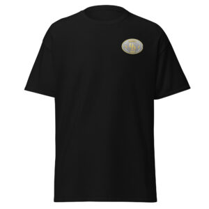 Black T-shirt with a small oval logo on the chest.