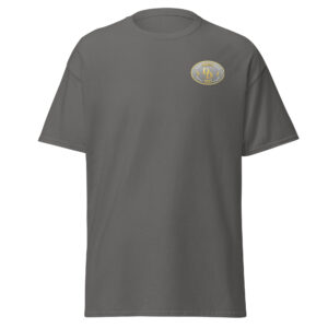 Gray T-shirt with a small oval graphic on the chest.
