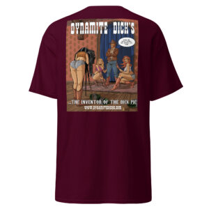 Maroon T-shirt with a vintage-style graphic of three women on a beach.