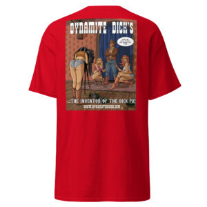 Red t-shirt with vintage-style graphic and text on the back.