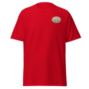 Bright red T-shirt with a small oval logo on the chest.