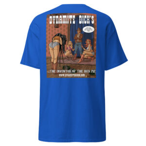 Blue T-shirt with vintage graphic and text design on the back.