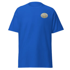 Blue T-shirt with a small oval logo on the chest.