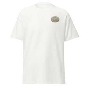 White T-shirt with a small, oval-shaped logo on the chest.