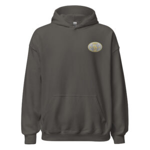 Dark gray hoodie with a small chest logo and front pocket.