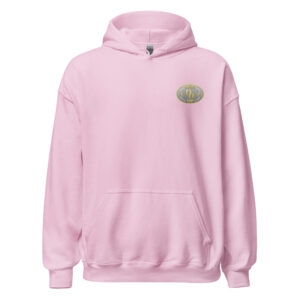 Light pink hoodie with a small embroidered design on the chest.
