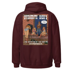 Maroon hoodie with a vintage-style graphic of three men and bold text.