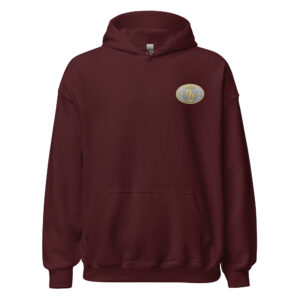 Maroon hooded sweatshirt with front pocket and logo patch.