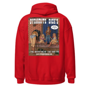 Red hoodie featuring a vintage-style graphic of three people and bold text.