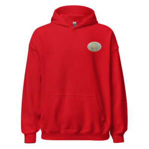 Red hoodie with a small logo patch on the chest pocket area.