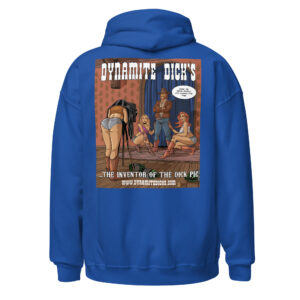Blue hoodie with a vintage-style graphic of Native American chiefs and text.
