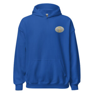 Blue hooded sweatshirt with front pocket and logo patch.