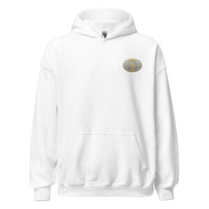 White hoodie with a small logo on the chest.
